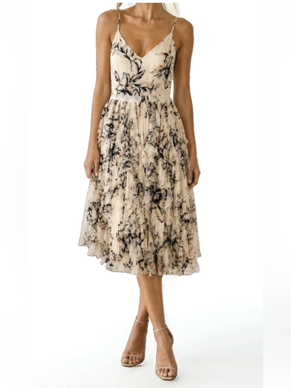 Walter Baker Batista Floral Ruffle Pleated Beige Chiffon Midi Dress NWT Size 0
